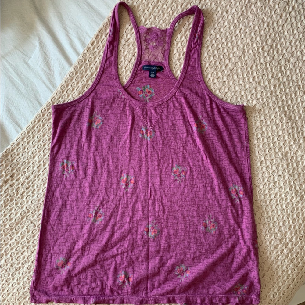 American Eagle Medium Pink Floral Burnout Racerback Tank Top
